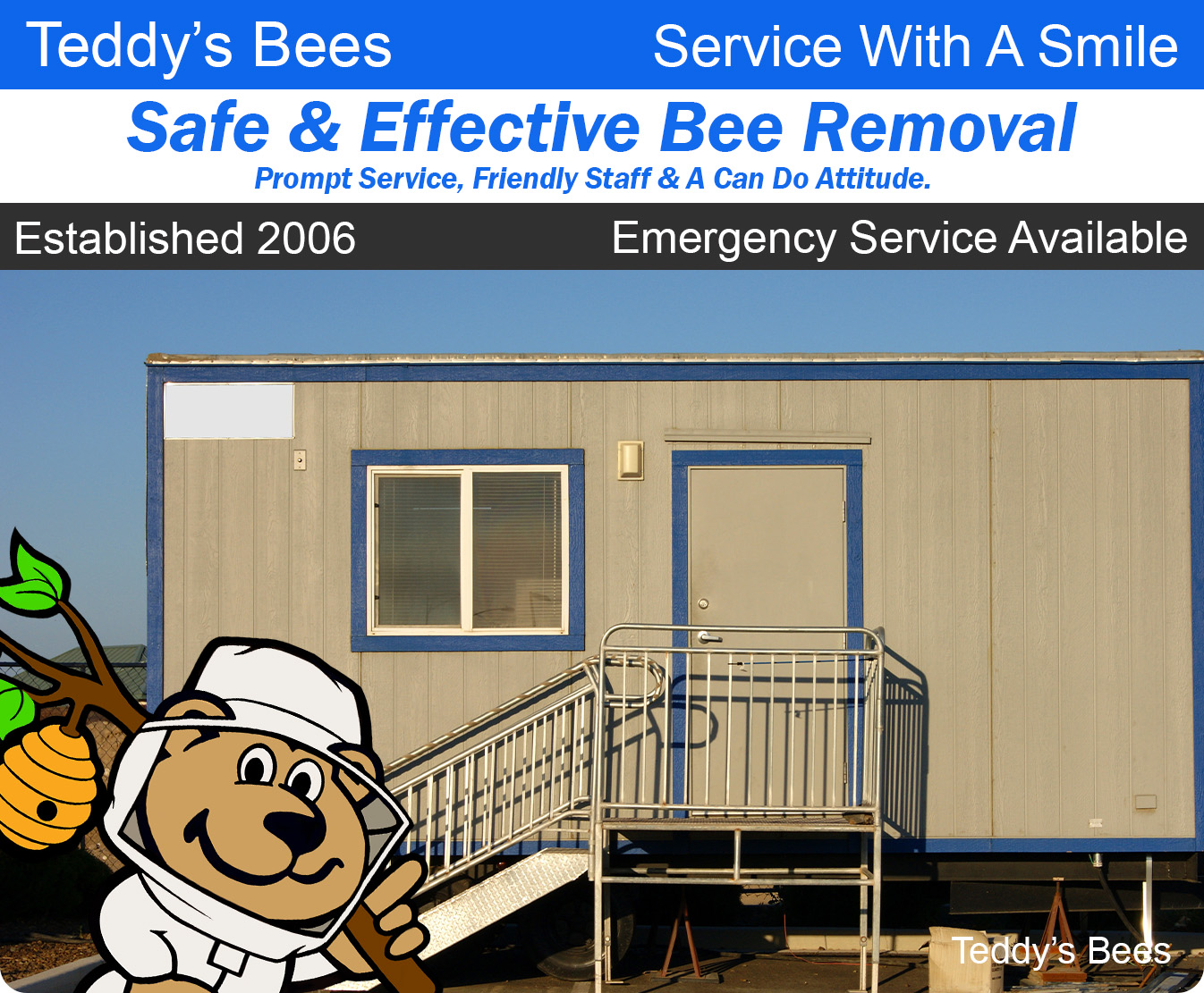 picture of teddys bee remval workers removing a hive from a jobsite trailer. 