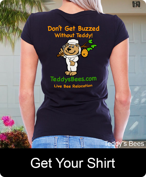 Picture of Cassie wearing a teddys bee removal t shirt.